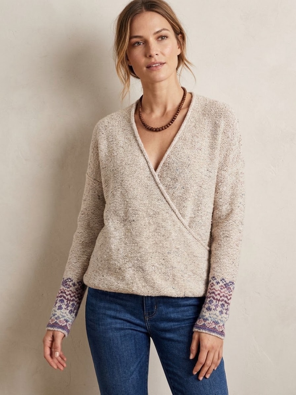 Anthropologie Pilcro Drew Surplice Faux Wrap Sweater Knit Fair Isle Cuff XS VGUC
